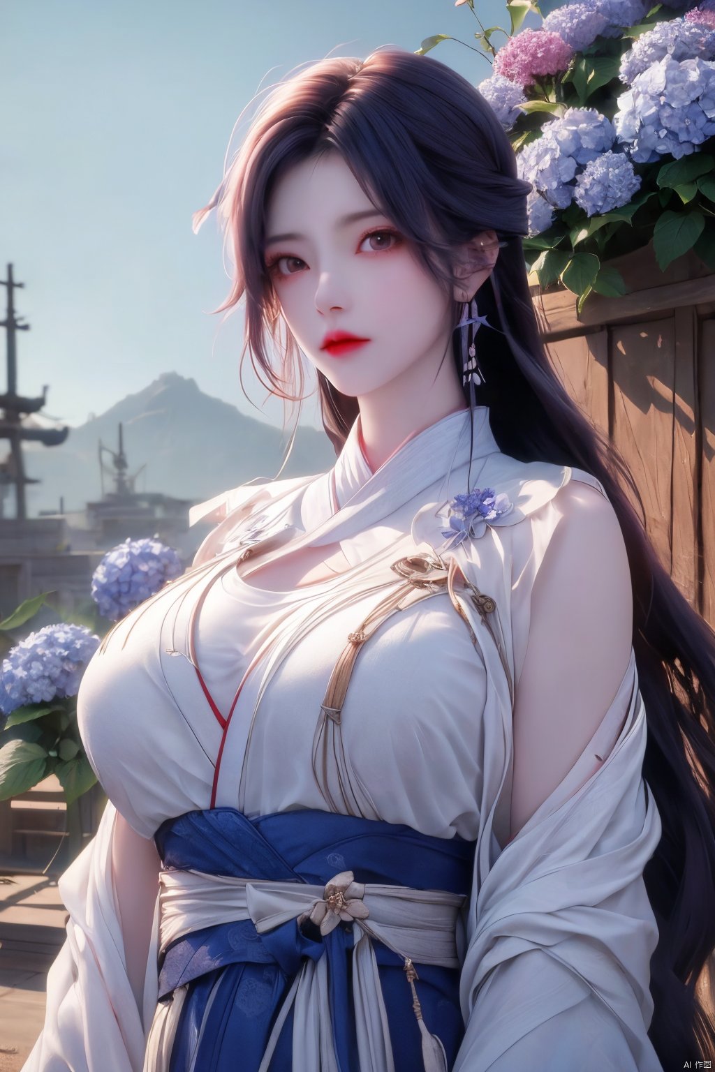 1girl, solo,(8k, raw photo, best quality, masterpiece:1.2), ,upper body,Xyunxi, ty-hd,, (big breasts:1.19), ,xyunxi,x-hydrangea, desert_sky, hanfu,xhuolinger