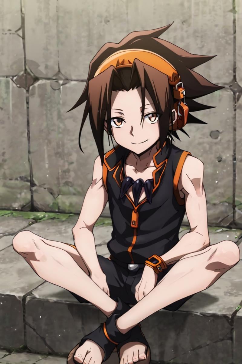 score_9,score_8_up,score_7_up,source_anime,1boy,solo,looking at viewer, Asakura Yoh,brown hair, borwn eyes,spiked hair,headphonese, Black shirt,sleeveless, shorts, smile, jewelry,necklace, sitting<lora:EMS-403319-EMS:1.000000>