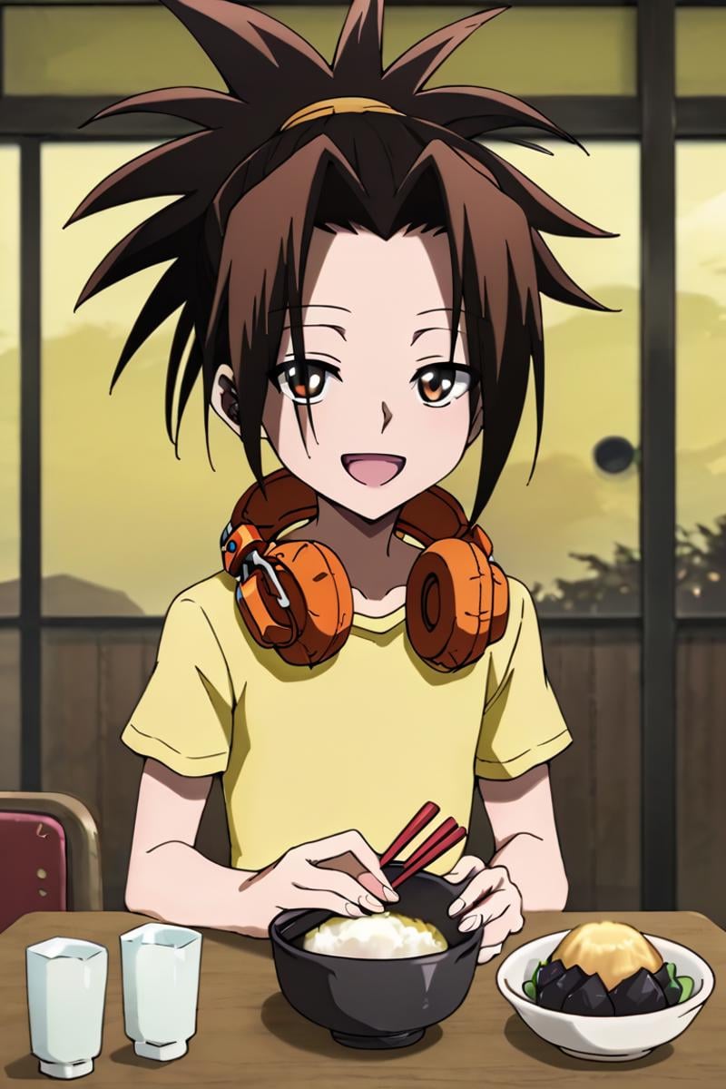 score_9,score_8_up,score_7_up,source_anime,1boy,solo,looking at viewer, Asakura Yoh,brown hair, borwn eyes,ponytail,Headphones around neck,t-shirt, shorts, smile, sitting, japanese, table, food, one rice bowl, Chopsticks, indoors,clap, open mouth, upper body<lora:EMS-403319-EMS:1.000000>