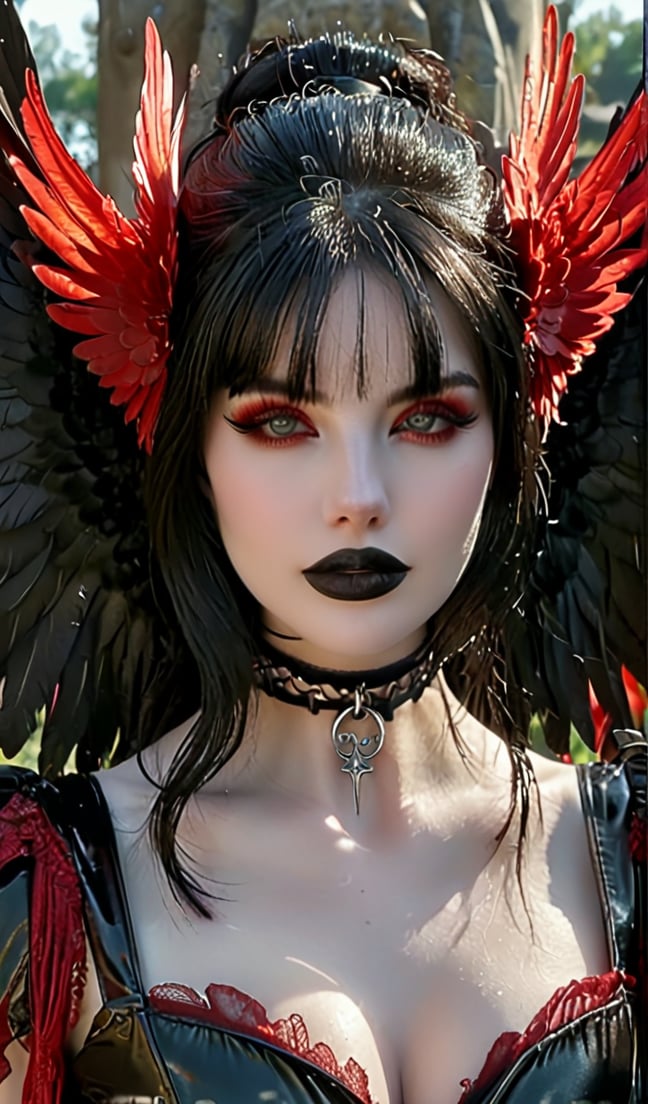 A breathtakingly beautiful (((sexy Blood Angel))) with (((pale skin))), (((DD Cup))), flowing (((red feathered wings))), drenched in (((opaque blood))), framed by (((massive black wings))), ethereally poised above a (gossamer-dappled graveyard), her (((DD Cup))), (((Loracentric Eyes))), (((onix irises))), and (((obscure black pupils))), contrasting against her (((radiant pale skin))), with a (((gothic makeup))), (((black hair))), (((black eyeliner))), (((black lipstick))), and (((black nail polish))), and a (((sleek black choker))), (((fingerless leather gloves))), and a (fire-tinged interdimensional portal) softly billowing in the (ominous backdrop), all combining to form an (exotically gothic goddess) with a (gorgeously proportioned frame and exquisitely detailed facial features), , 