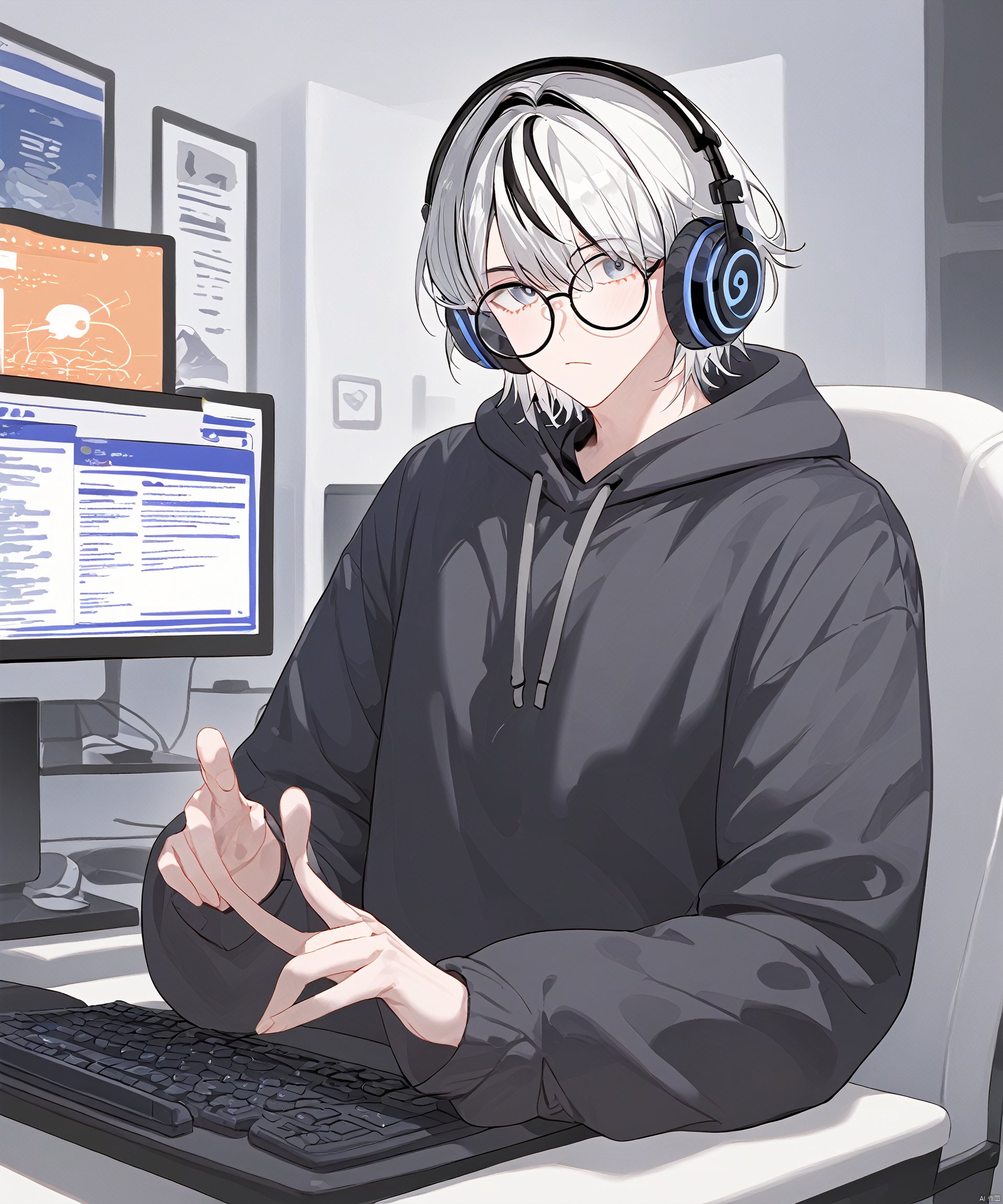 solo, looking at viewer, short hair, long sleeves, 1boy, sitting, upper body, white hair, grey hair, male focus, multicolored hair, glasses, virtual youtuber, hood, hoodie, headphones, chair, hood down, round eyewear, computer, monitor, laptop, keyboard \(computer\), mouse \(computer\)