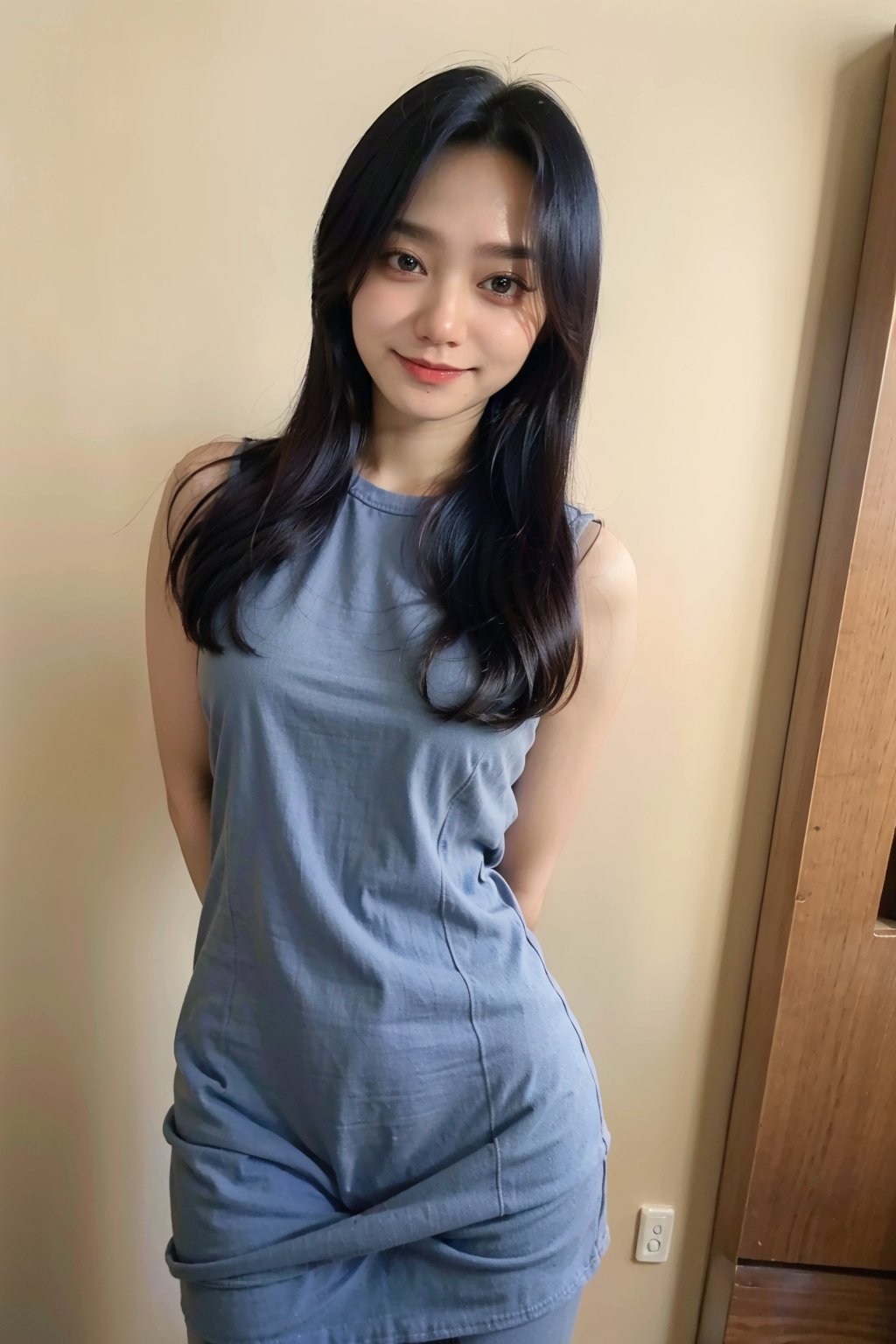 best quality,masterpiece,ultra high res,looking at viewer,simple background, 1girl, solo, looking_at_viewer, black hair,realistic,(standing),slim,(smile)(,hands_behind_back),