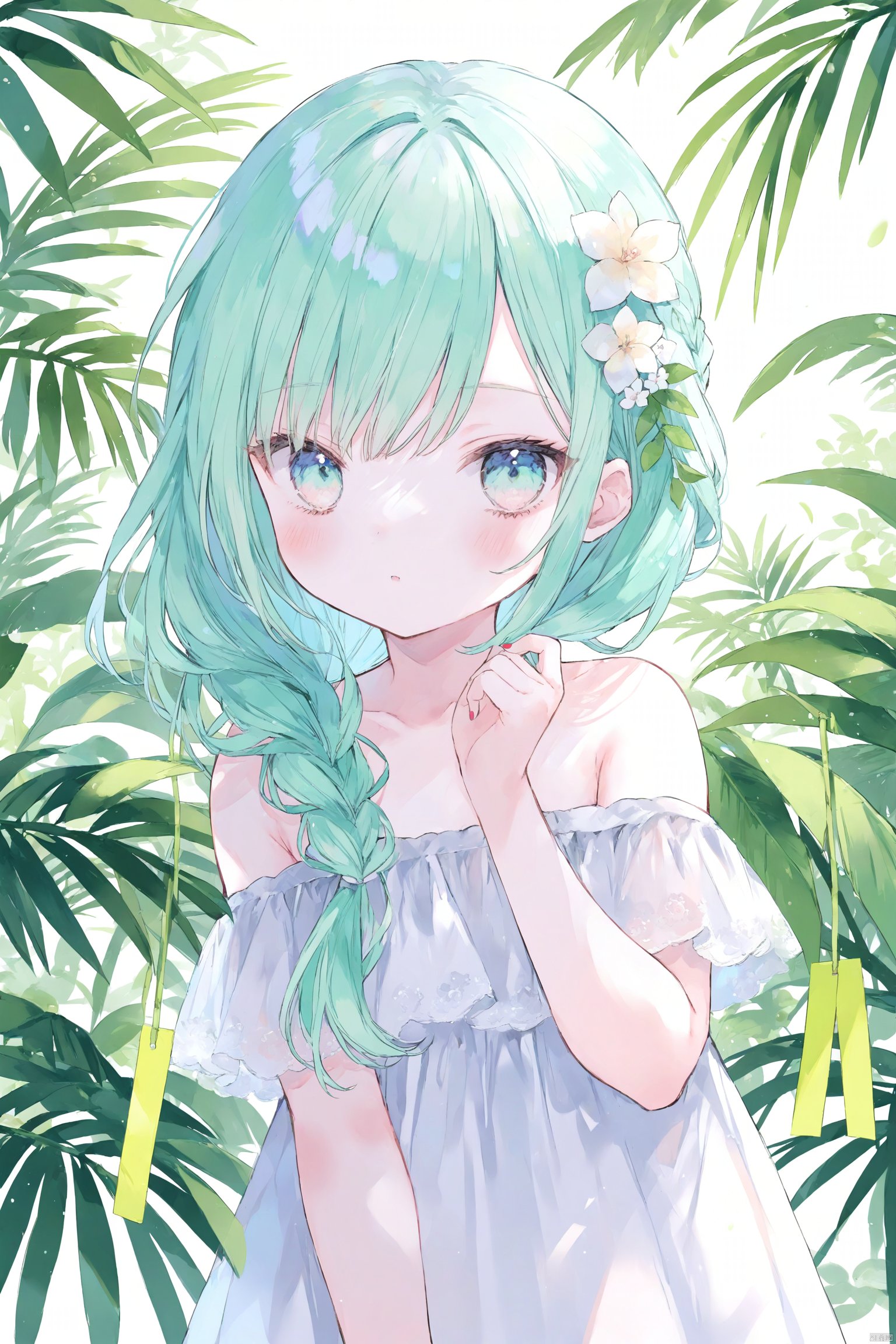 artist:nanoneko,loli,1girl, solo, best quality, vivid color, white background, leaf background, upper body, looking at viewer, blush, tanzaku, tanabata, long hair, braid, hair flower, hair over shoulder, bangs, white dress, bare shoulders, off shoulder, nail polish, green wings, feathered wings, hand up, palm tree, palm leaf, potted plant, bamboo, branch