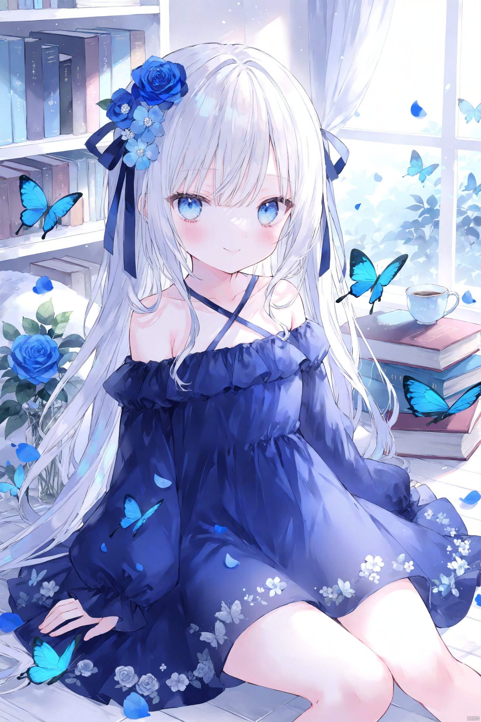 artist:nanoneko,loli1girl, solo, long hair, looking at viewer, blush, smile, bangs, blue eyes, hair ornament, long sleeves, dress, ribbon, bare shoulders, sitting, very long hair, closed mouth, collarbone, hair ribbon, flower, white hair, puffy sleeves, indoors, hair flower, off shoulder, white dress, sleeves past wrists, book, petals, blue dress, rose, animal, halterneck, bug, butterfly, puffy long sleeves, blue flower, on floor, off-shoulder dress, criss-cross halter, blue rose, book stack, blue butterfly,