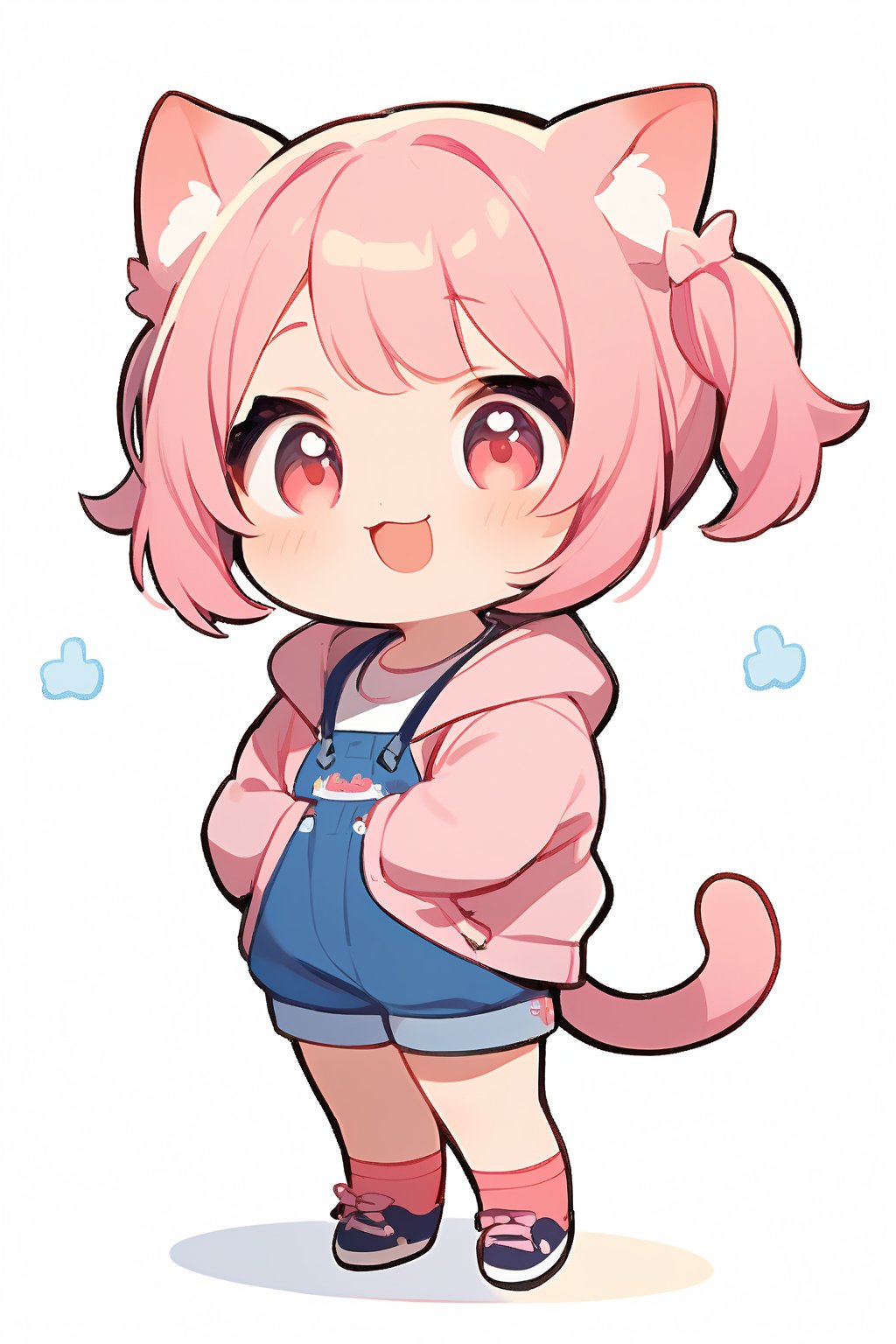 Cute girl, White background, full body image, cat girl, twintails hairstyle, pink hair, hands in waist, she's happy. Chibi character