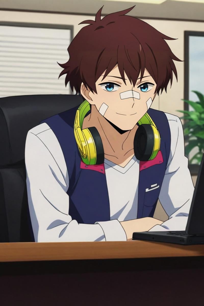 score_9, score_8_up, score_7_up, , rating_safe, intricate details, anime screencap, anime coloring, , , , 1boy, solo, male focus, <lora:nice_hamatora_pony:0.8>, nice_hamatora, brown hair, blue eyes, bandaid on nose, headphones around neck, panorama, office, computers, indoors, light, leaning forward, smile, , <lora:sdxl_lightning_8step_lora:1>