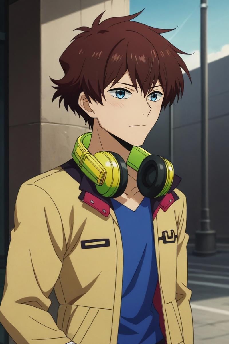 score_9, score_8_up, score_7_up, , rating_safe, , anime screencap, , , , , 1boy, solo, male focus, <lora:nice_hamatora_pony:0.96>, nice_hamatora, brown hair, blue eyes, , headphones around neck, , , <lora:sdxl_lightning_8step_lora:1>