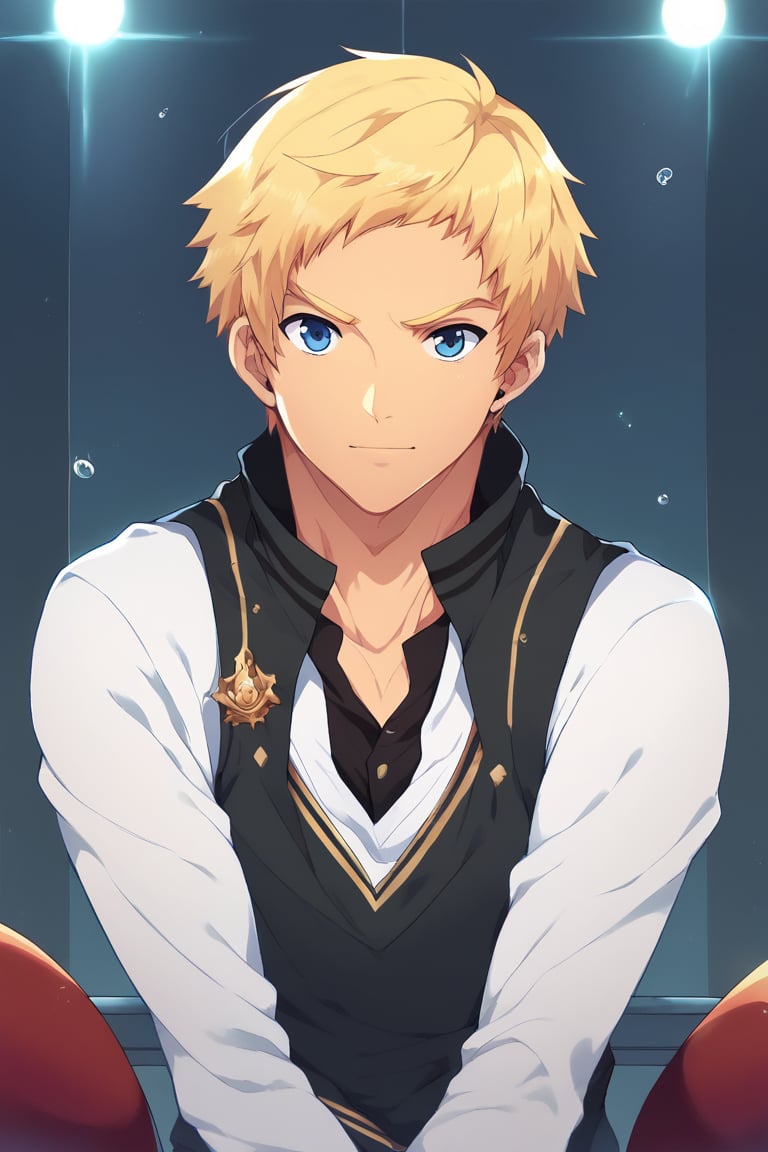 score_9, score_8_up, masterpiece, best quality, best aesthetic, perfect anatomy, perfect proportions, high_resolution, full body, 1boy, solo male, focus male, clim, blonde hair, blue eyes, short-hair, 