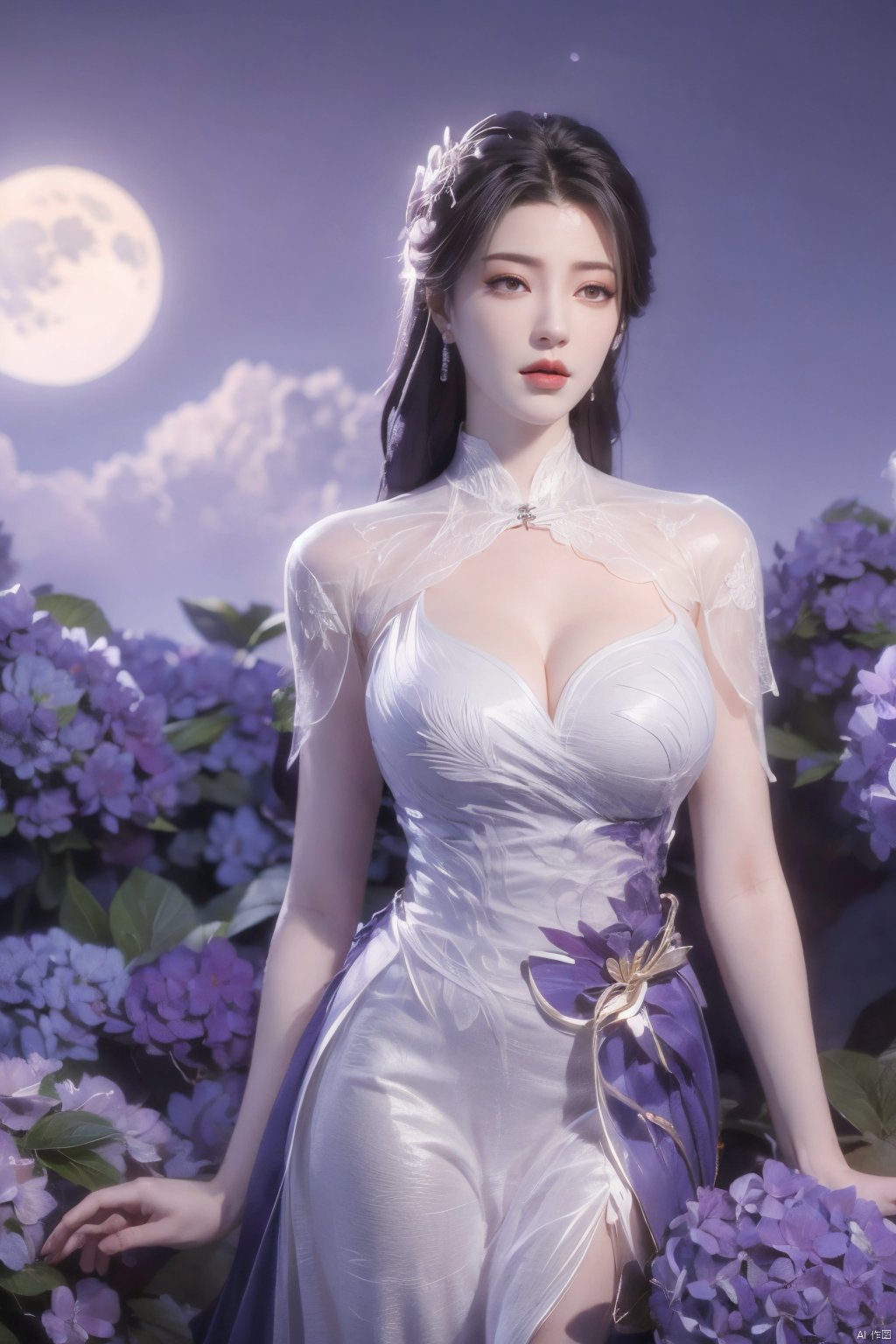 masterpiece, best quality,1girl, hair ornament, solo, purple hair, realistic, flower,perfect body,xyunxi,full moon, octane render, (big breasts:1.29),Xyunxi,x-hydrangea, desert_sky,xhuolinger,xyunluo,depth of field