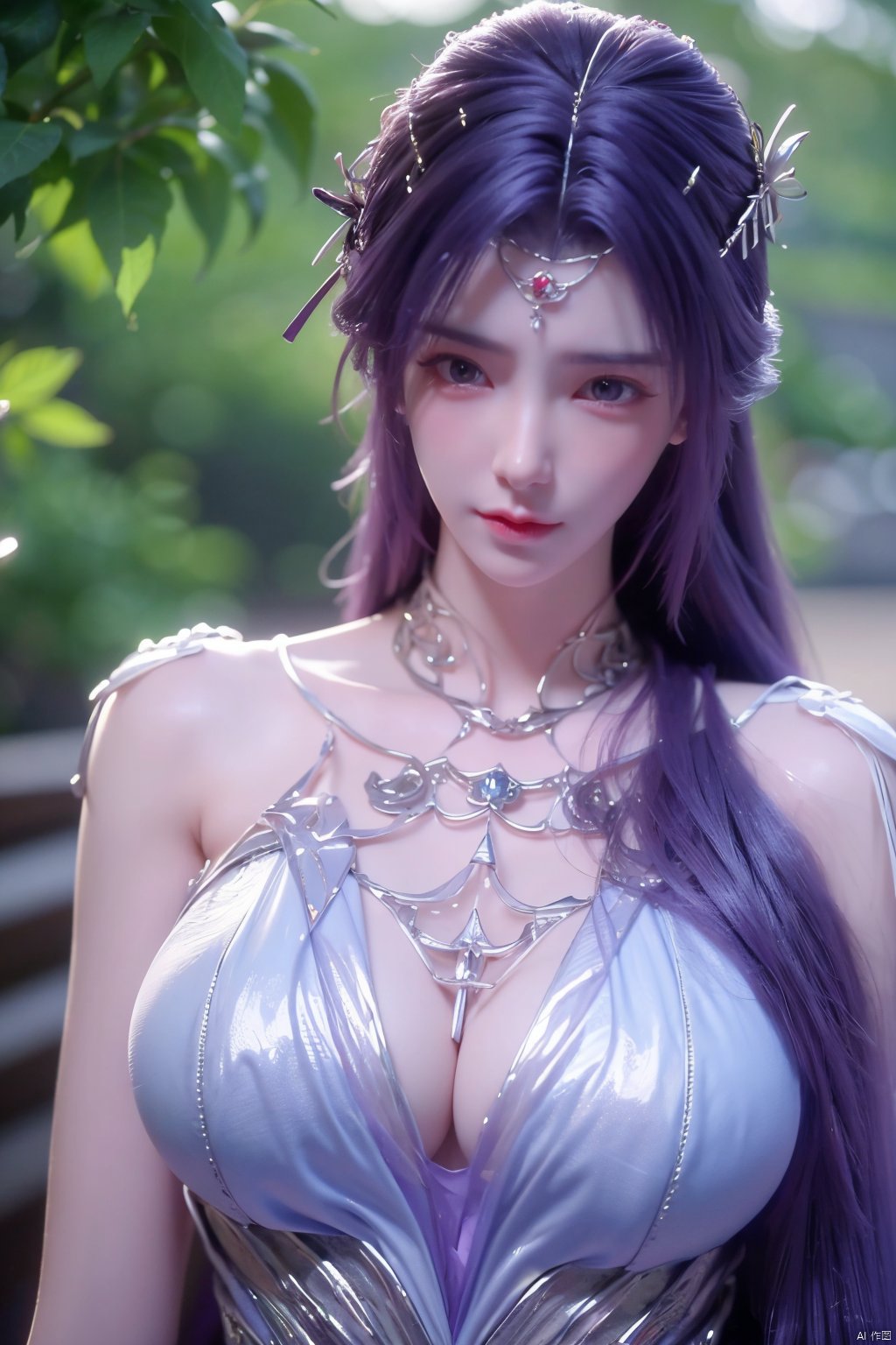 masterpiece, best quality,1girl, hair ornament, solo, long hair, purple hair, realistic, flower, upper body, , closed mouth, lips,Xyunxi,, (big breasts:1.39),depth of field,X-Hydrangea,xhuolinger,Xsulingyun, Yunxiao_Fairy,moyou