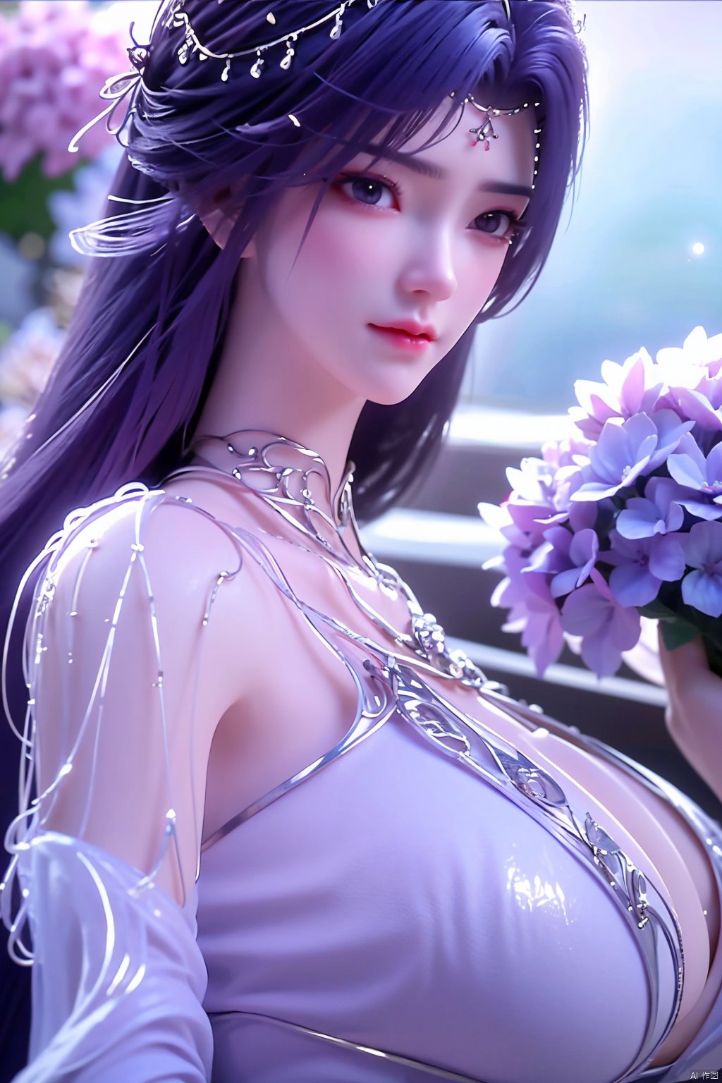 masterpiece, best quality,1girl, hair ornament, solo, long hair, purple hair, realistic, flower, upper body, , closed mouth, lips,Xyunxi,, (big breasts:1.39),depth of field,X-Hydrangea,xhuolinger,Xsulingyun, Yunxiao_Fairy,moyou