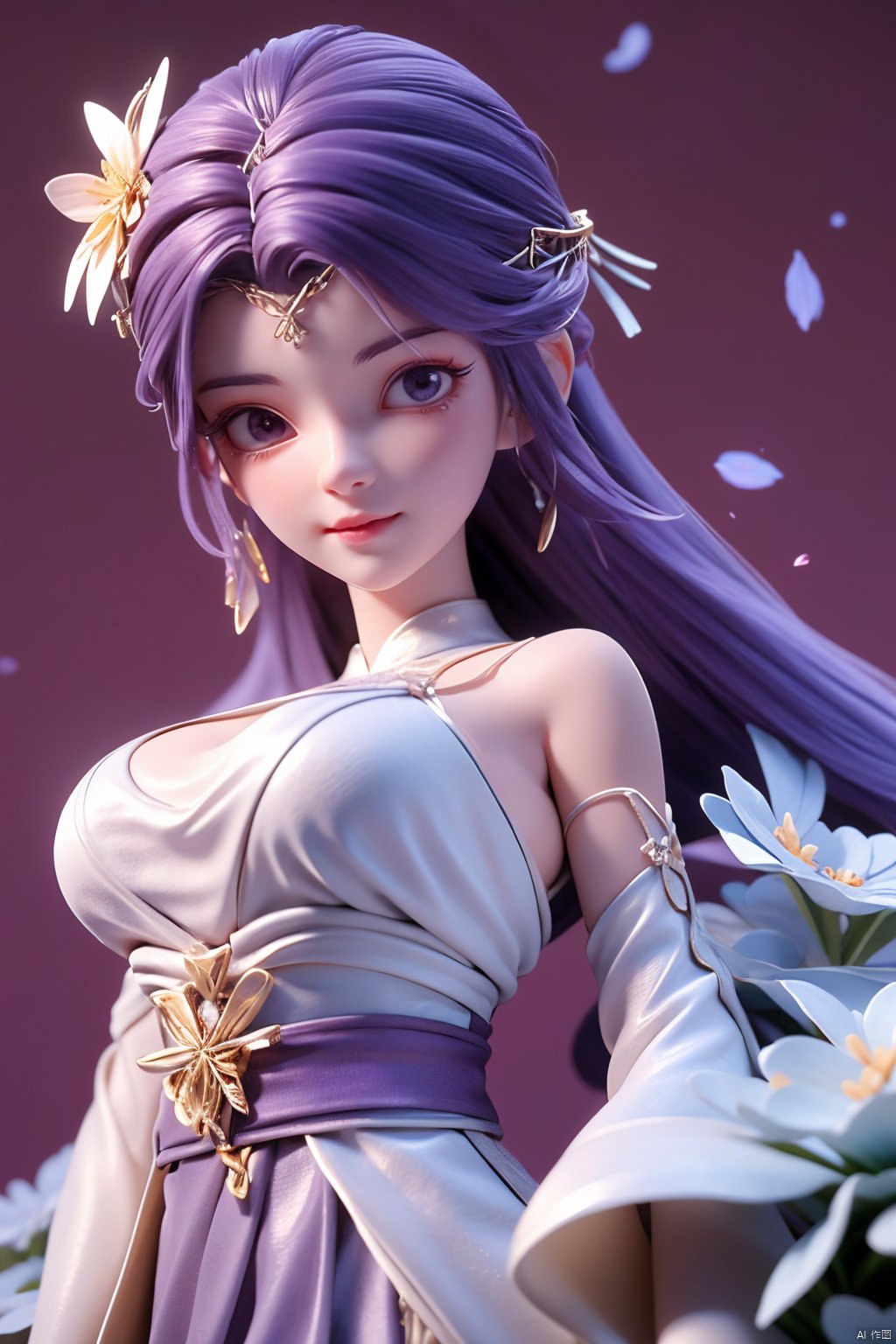 masterpiece, best quality,1girl, hair ornament, solo, long hair, purple hair, realistic, flower, upper body, , closed mouth, lips,Xyunxi,, (big breasts:1.39),depth of field,X-Hydrangea,xhuolinger,Xsulingyun, Yunxiao_Fairy,moyou