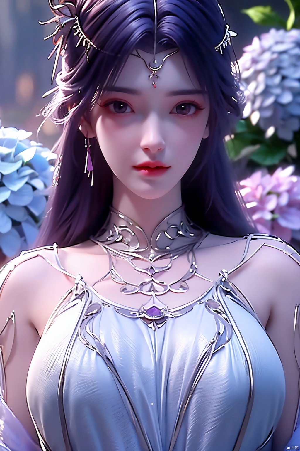 masterpiece, best quality,1girl, hair ornament, solo, long hair, purple hair, realistic, flower, upper body, , closed mouth, lips,Xyunxi,, (big breasts:1.39),depth of field,X-Hydrangea,xhuolinger,Xsulingyun, Yunxiao_Fairy,moyou