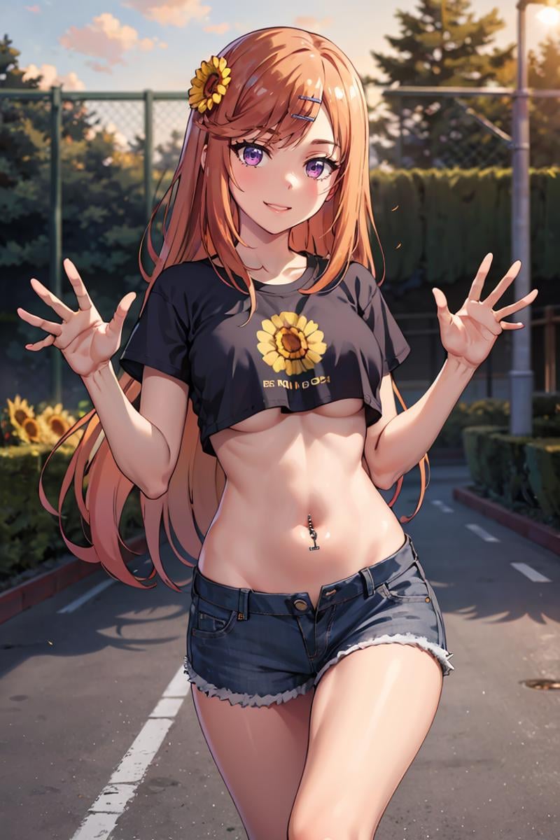 masterpiece, best quality, ultra-detailed, glistening shiny, glowing light, ray tracing, HDR, deph of field, (perfect face, detailed face), 1girl, solo,  <lora:AsahinaNazuna:0.9>, asahinanazuna, orange hair, purple eyes, smile, long hair, sunflower hair ornament, petite, waving, hairclip,  t-shirt, crop top, underboob, denim shorts, navel piercing, walking, outdoors