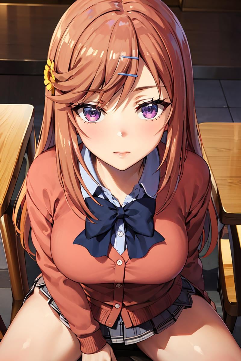 masterpiece, best quality, ultra-detailed, glistening shiny, glowing light, ray tracing, HDR, deph of field, (perfect face, detailed face), 1girl, solo,  <lora:AsahinaNazuna:1>, asahinanazuna, orange hair, purple eyes, long hair, sunflower hair ornament, hairclip,  pink cardigan, collared shirt, black bowtie, pleated skirt, spread legs, sitting