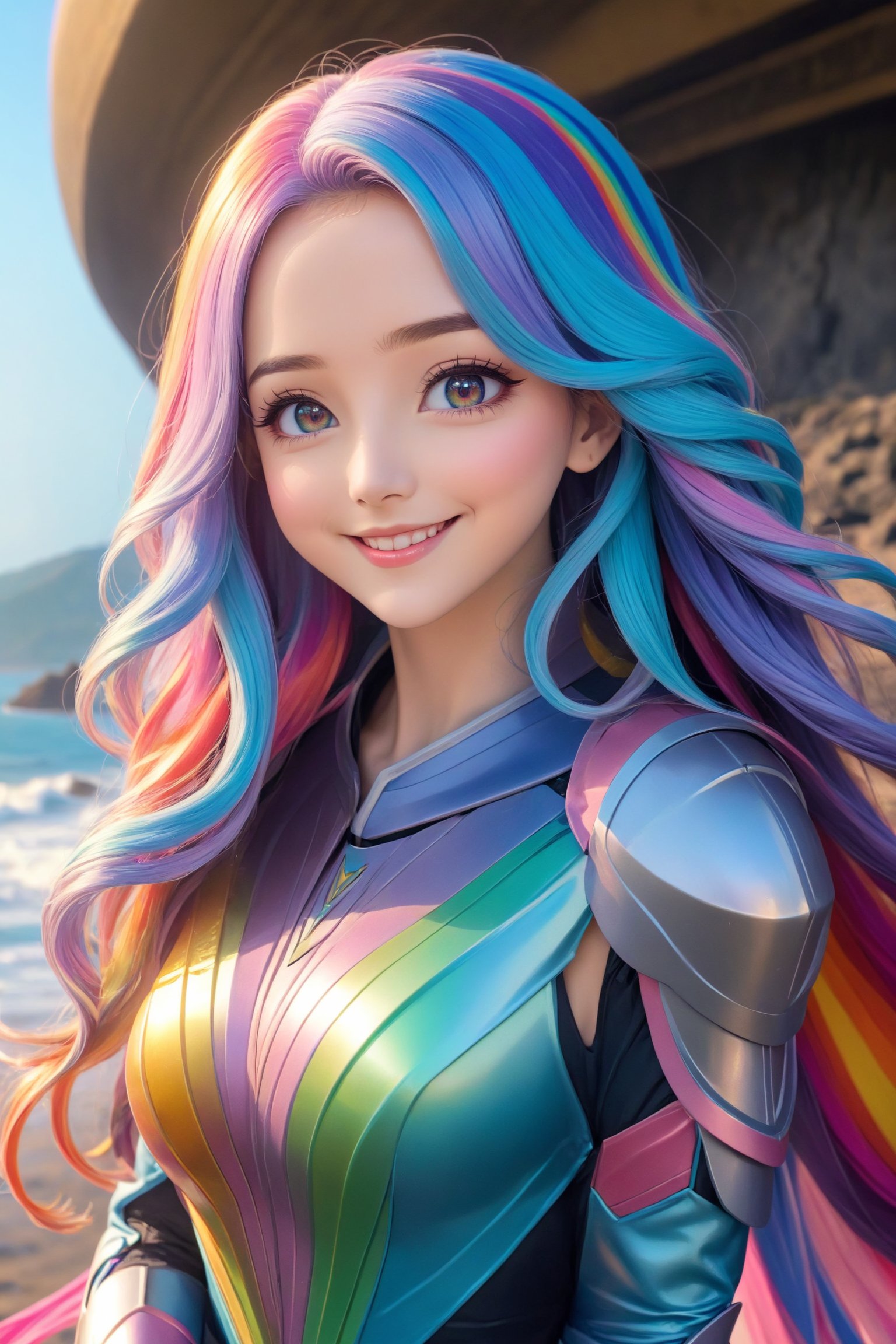 a cute anime girl, smiling, beautiful detailed eyes, beautiful detailed lips, extremely detailed face and hair, long eyelashes, wave long hair, intricate detailed dress, high quality, 4k, 8k, highres, masterpiece, ultra-detailed, anime style, professional, vibrant colors, soft lighting, colorful, medium eyes, rainbow hair, watching the beautiful sunrise,sci-fi style,sci-fi armor,wavy long hair,Details,Detailed Masterpiece,Reflections