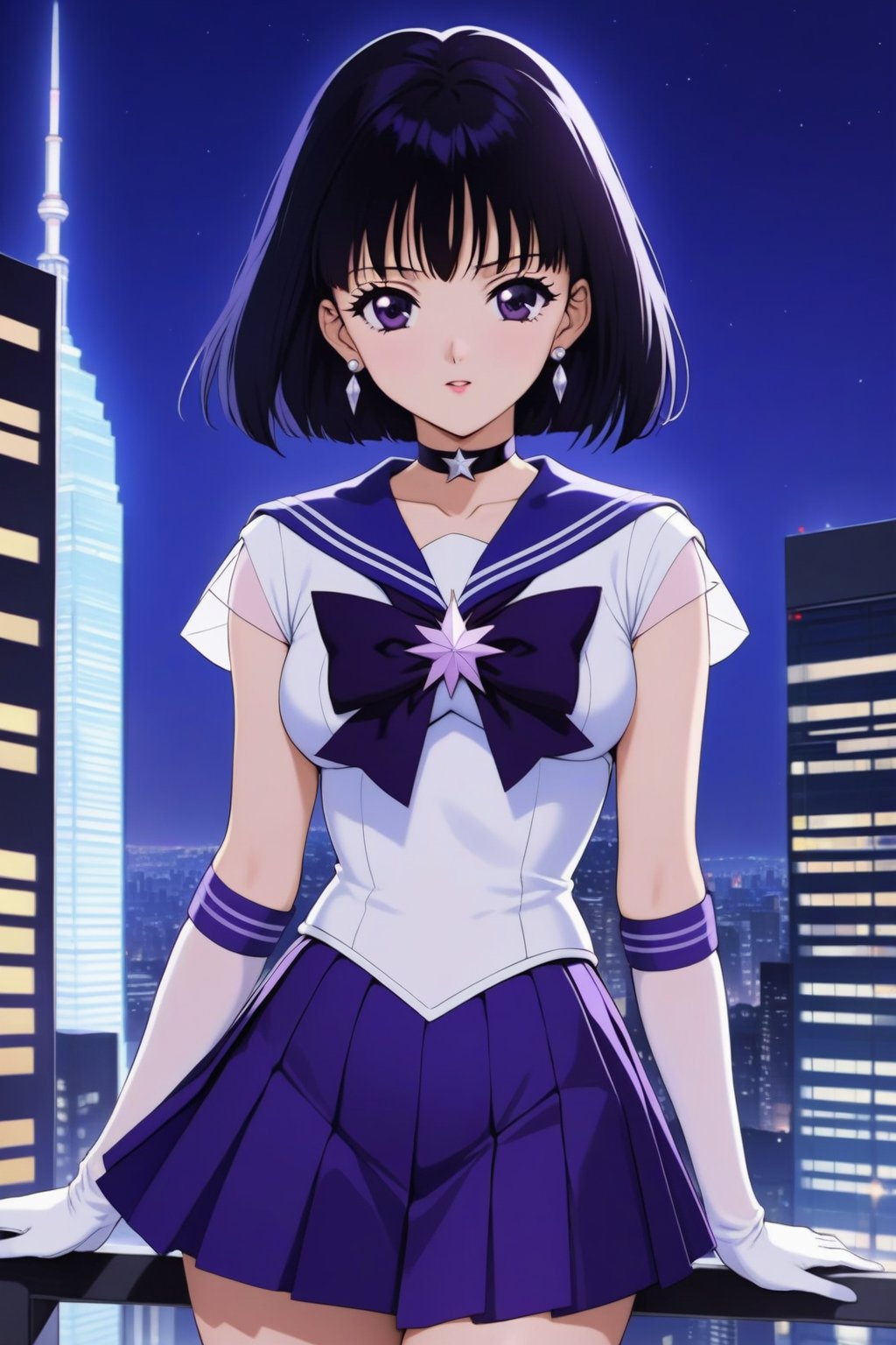 skyscraper , at night ,(  white tops)   , 
( masterpiece , ultra Detailed     )  ,
Sailor Saturn XL, sailor senshi uniform,jewelry,skirt,choker,star choker,sailor collar,bow,brooch,star brooch,purple sailor collar,purple skirt,gloves,tiara,short hair,white gloves,earrings,elbow gloves,black hair,purple eyes,pleated skirt,