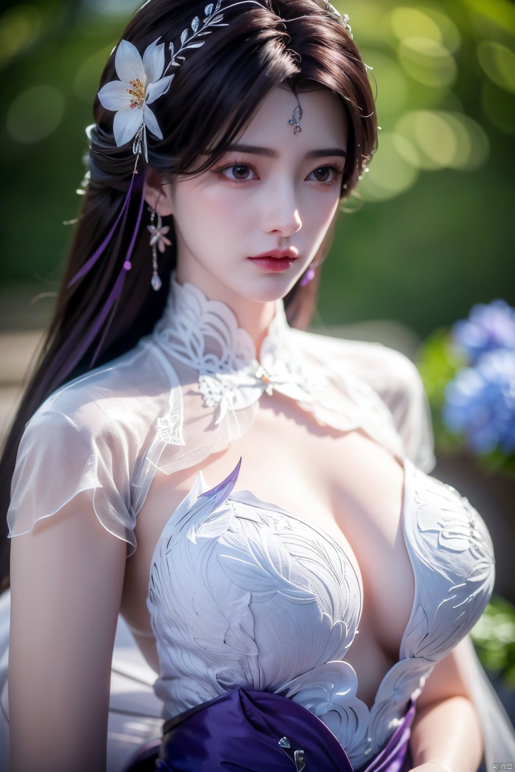 masterpiece, best quality,1girl, hair ornament, solo, long hair, purple hair, realistic, flower, upper body, , closed mouth, lips,Xyunxi,, (big breasts:1.39),depth of field,X-Hydrangea,xhuolinger,Xsulingyun, Yunxiao_Fairy,moyou