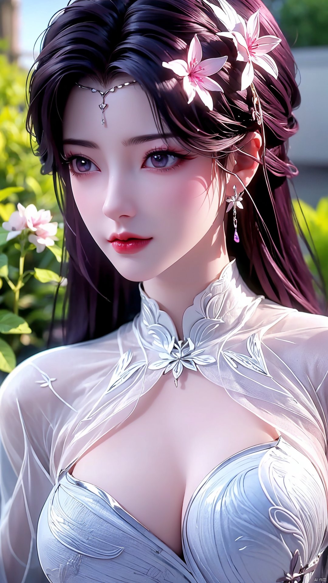 masterpiece, best quality,1girl, hair ornament, solo, long hair, purple hair, realistic, flower, upper body, , closed mouth, lips,Xyunxi,, (big breasts:1.39),depth of field,X-Hydrangea,xhuolinger,Xsulingyun, Yunxiao_Fairy,moyou