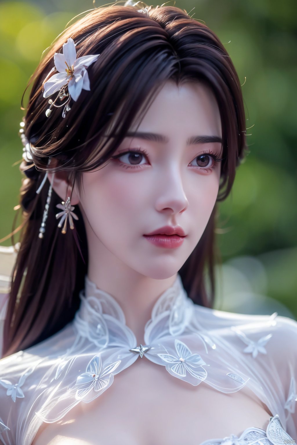 masterpiece, best quality,1girl, hair ornament, solo, long hair, purple hair, realistic, flower, upper body, , closed mouth, lips,Xyunxi,, (big breasts:1.39),depth of field,X-Hydrangea,xhuolinger,Xsulingyun, Yunxiao_Fairy,moyou