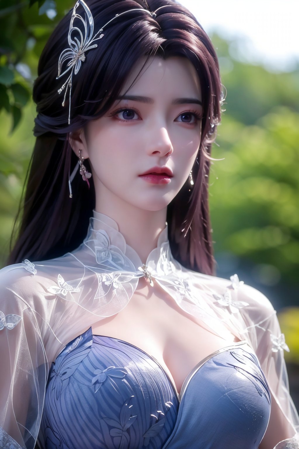 masterpiece, best quality,1girl, hair ornament, solo, long hair, purple hair, realistic, flower, upper body, , closed mouth, lips,Xyunxi,, (big breasts:1.39),depth of field,X-Hydrangea,xhuolinger,Xsulingyun, Yunxiao_Fairy,moyou