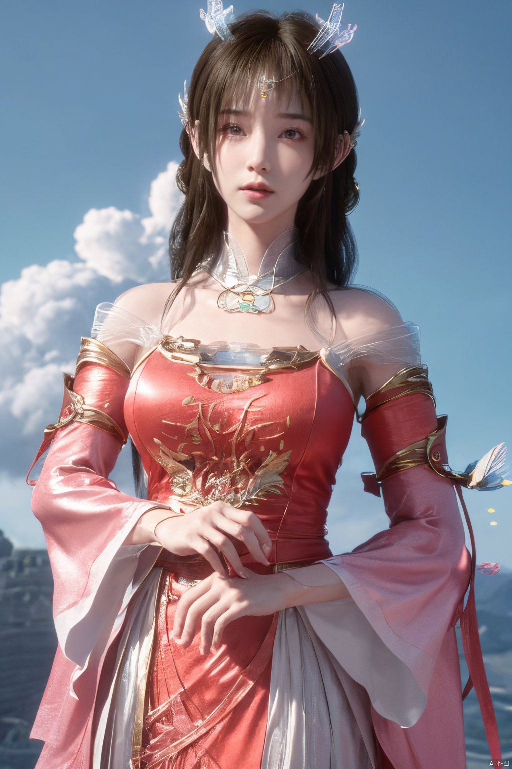 masterpiece,best quality,official art,extremely detailed CG unity 8k wallpaper,1girl, upper body,chinese clothes, above clouds, asteroid, spacecraft,Xyunluo,(big_breasts:1.39),X-Hydrangea,Xlimuwan, Water_butterfly,Xcheongsam, desert_sky,girl,depth of field,