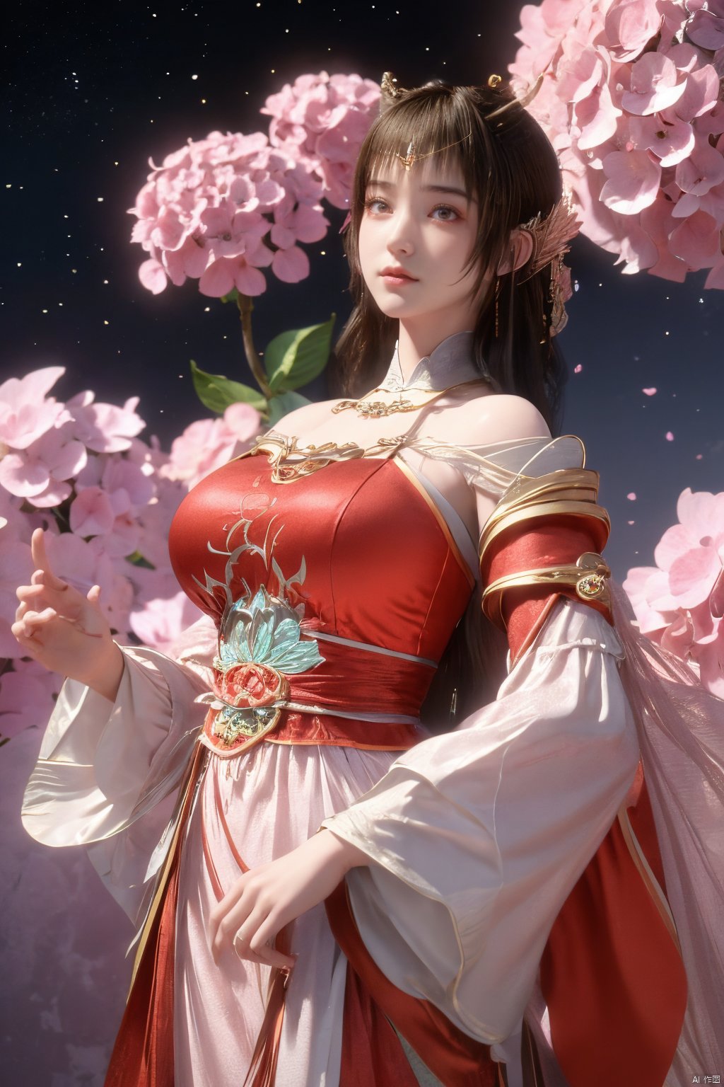 masterpiece,best quality,official art,extremely detailed CG unity 8k wallpaper,1girl, upper body,chinese clothes, above clouds, asteroid, spacecraft,Xyunluo,(big_breasts:1.39),(Hydrangea,X-Hydrangea),Xlimuwan, Water_butterfly,Xcheongsam, desert_sky,girl,depth of field, 1 girl