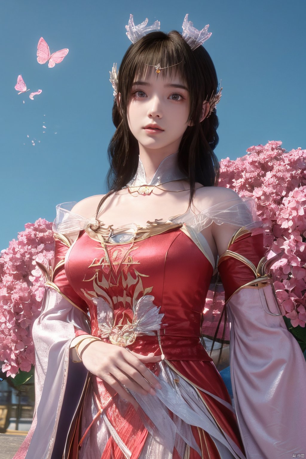 masterpiece,best quality,official art,extremely detailed CG unity 8k wallpaper,1girl, upper body,chinese clothes, above clouds, asteroid, spacecraft,Xyunluo,(big_breasts:1.39),(Hydrangea,X-Hydrangea),Xlimuwan, Water_butterfly,Xcheongsam, desert_sky,girl,depth of field, 1 girl