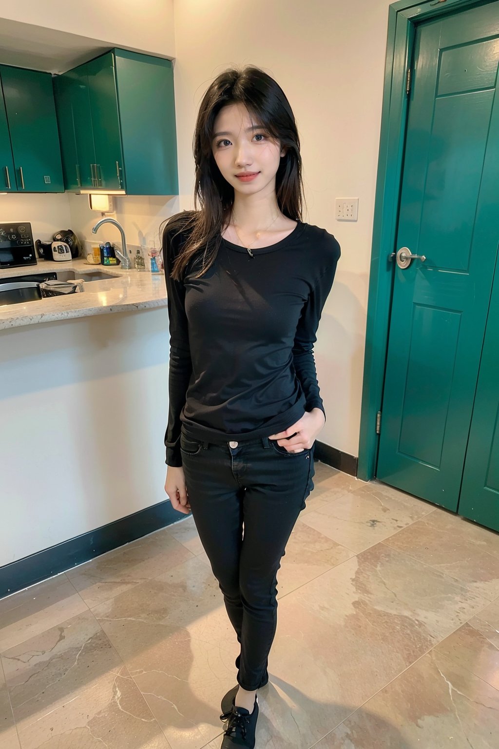 best quality,masterpiece,ultra high res,looking at viewer,simple background, 1girl, solo, looking_at_viewer, black hair,realistic,(standing),slim,(smile)(,hands_behind_back),