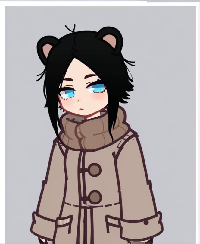 ,Girl, Gacha,Black hair, blue eyes, bear ears, fluffy coma, brown winter clothes 
