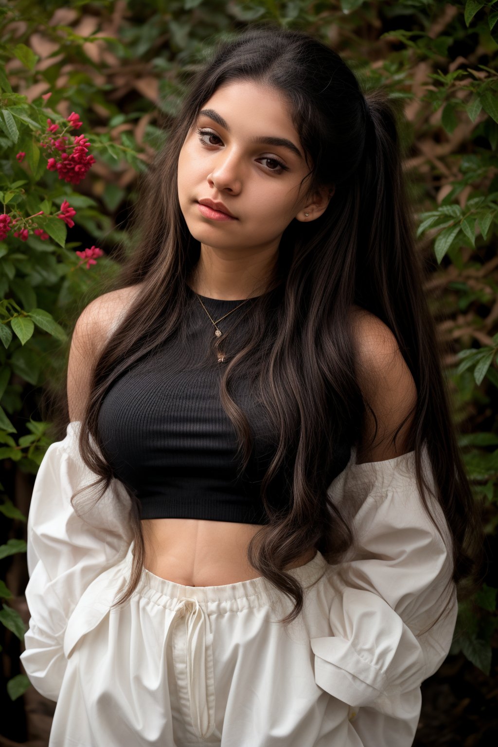 1girl, solo, long hair, looking at viewer, simple background, brown hair, shirt, black hair, long sleeves, white background, ribbon, twintails, brown eyes, jewelry, hair ribbon, upper body, earrings, parted lips, midriff, dark skin, dark-skinned female, crop top, hoop earrings, realistic, multi-tied hair