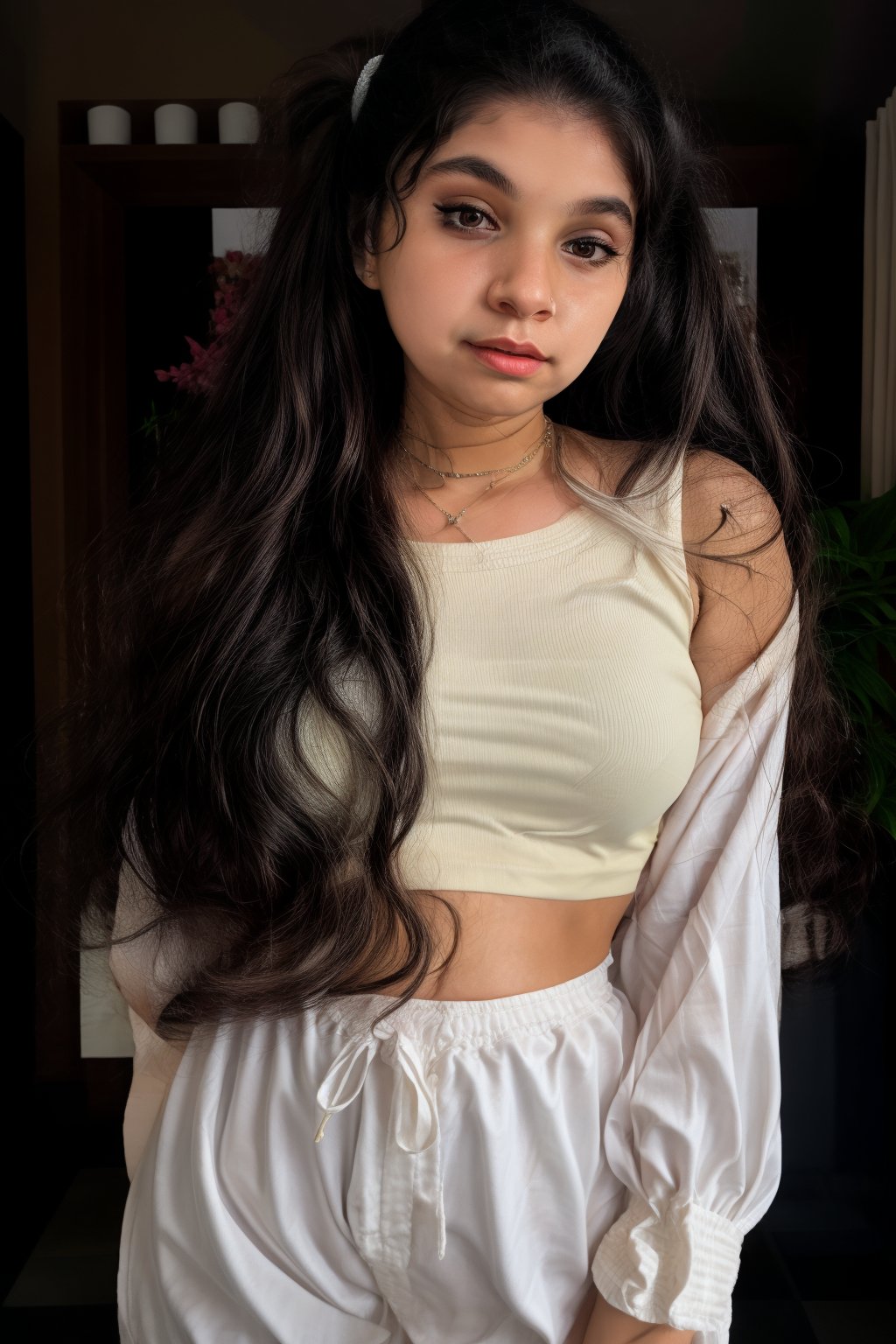 1girl, solo, long hair, looking at viewer, simple background, brown hair, shirt, black hair, long sleeves, white background, ribbon, twintails, brown eyes, jewelry, hair ribbon, upper body, earrings, parted lips, midriff, dark skin, dark-skinned female, crop top, hoop earrings, realistic, multi-tied hair