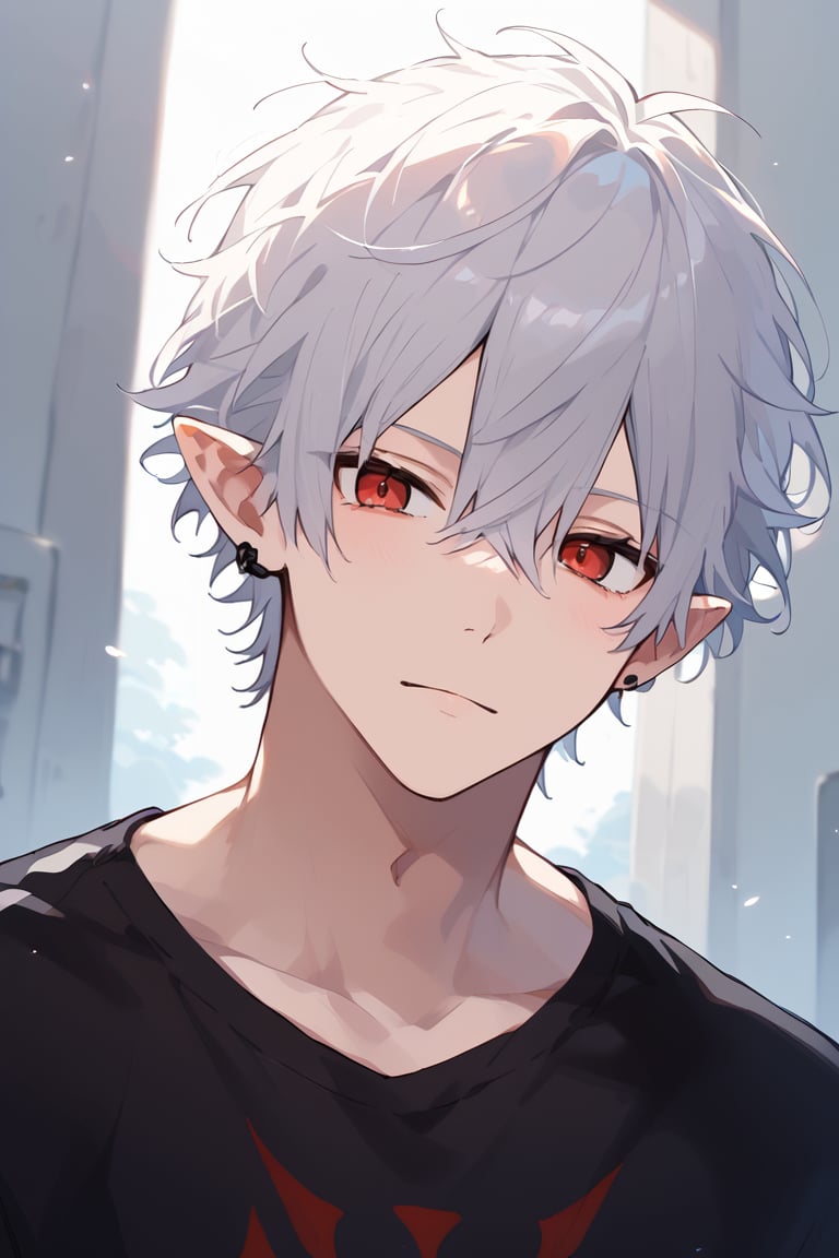 score_9, score_8_up, score_7_up, masterpiece, best quality, 1boy, male focus, solo, kuzuha, white hair, red eyes, pointy ears, black jersey, upper body, close up, looking at viewer, from below