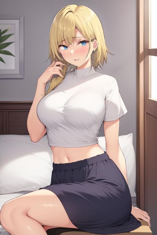 1girl, looking at the viewer, blonde, lewd eyes, midriff, white shirt, condoms