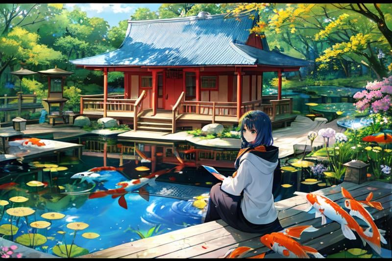 1girl, looking at the viewer, water, pond, lake, shrine, koi