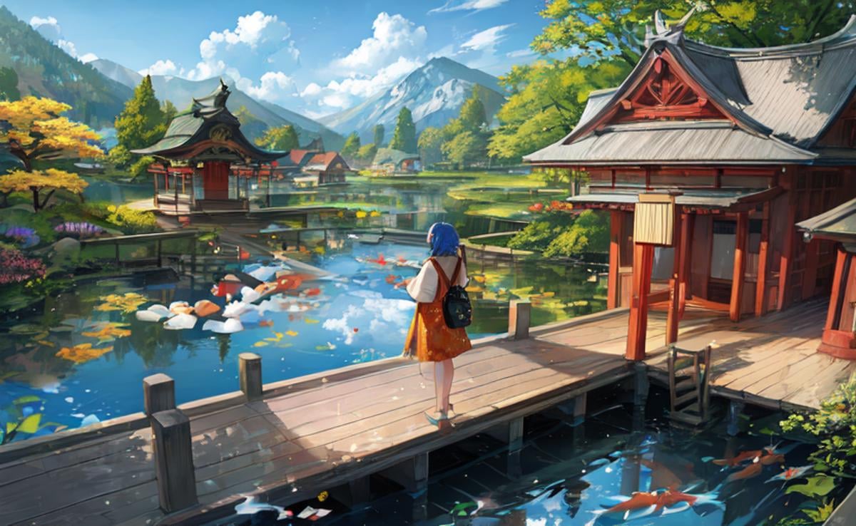 1girl, looking at the viewer, water, pond, lake, shrine, koi