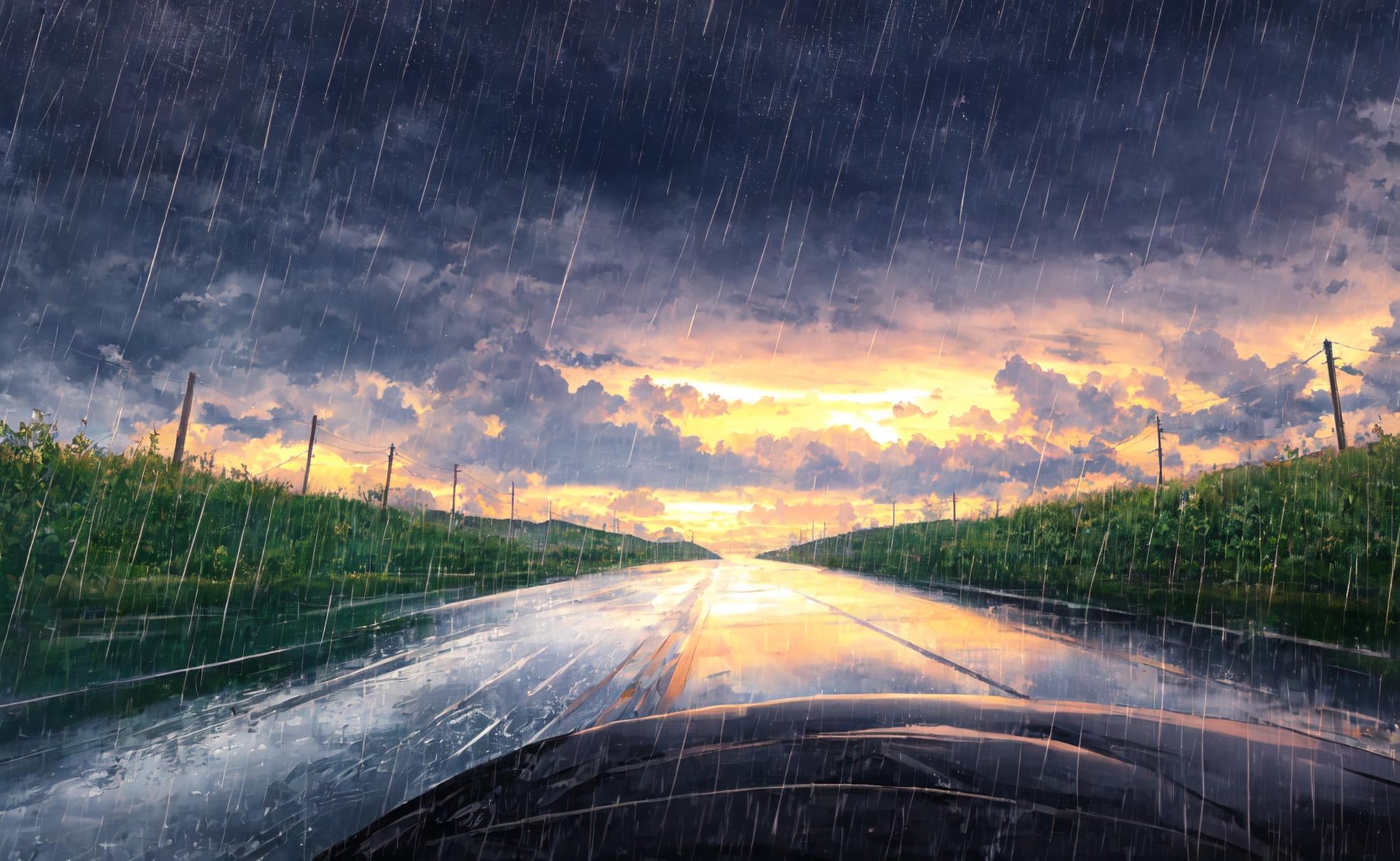 Concept art, no humans, water puddles, country side, road, rain, cloudy, 