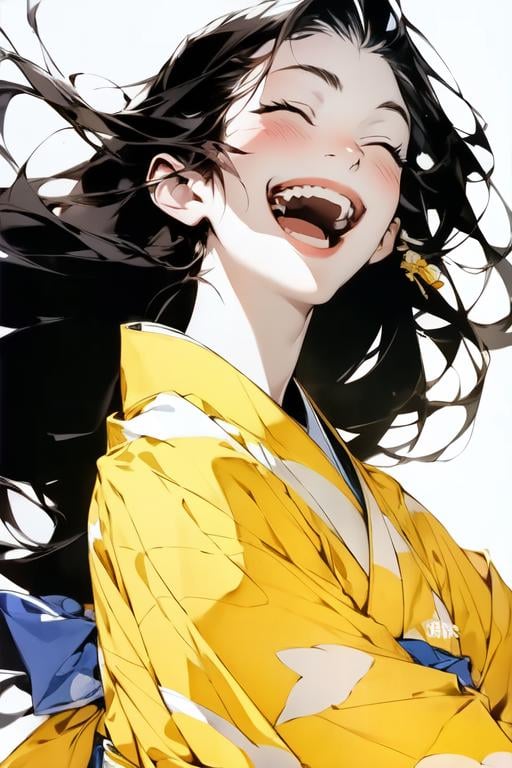 1girl, solo, long_hair, closed_eyes, black_hair, open_mouth, white_background, simple_background, japanese_clothes, smile, kimono, floating_hair, laughing, upper_body, yellow_kimono, teeth, facing_viewer, long_sleeves, animal_print, sash, happy, ^_^