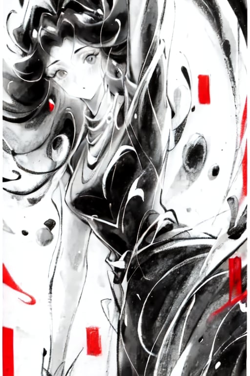 ink, 1girl, looking at the viewer, monochrome, brush strokes, Arabic dress, traditional media, watercolor, abstract