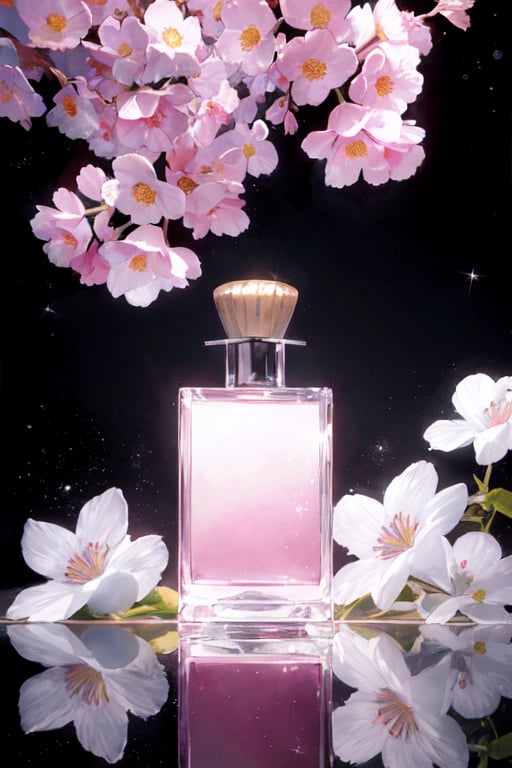 no human, perfume bottle, pink flowers, white flowers, the universe, purple theme, black background