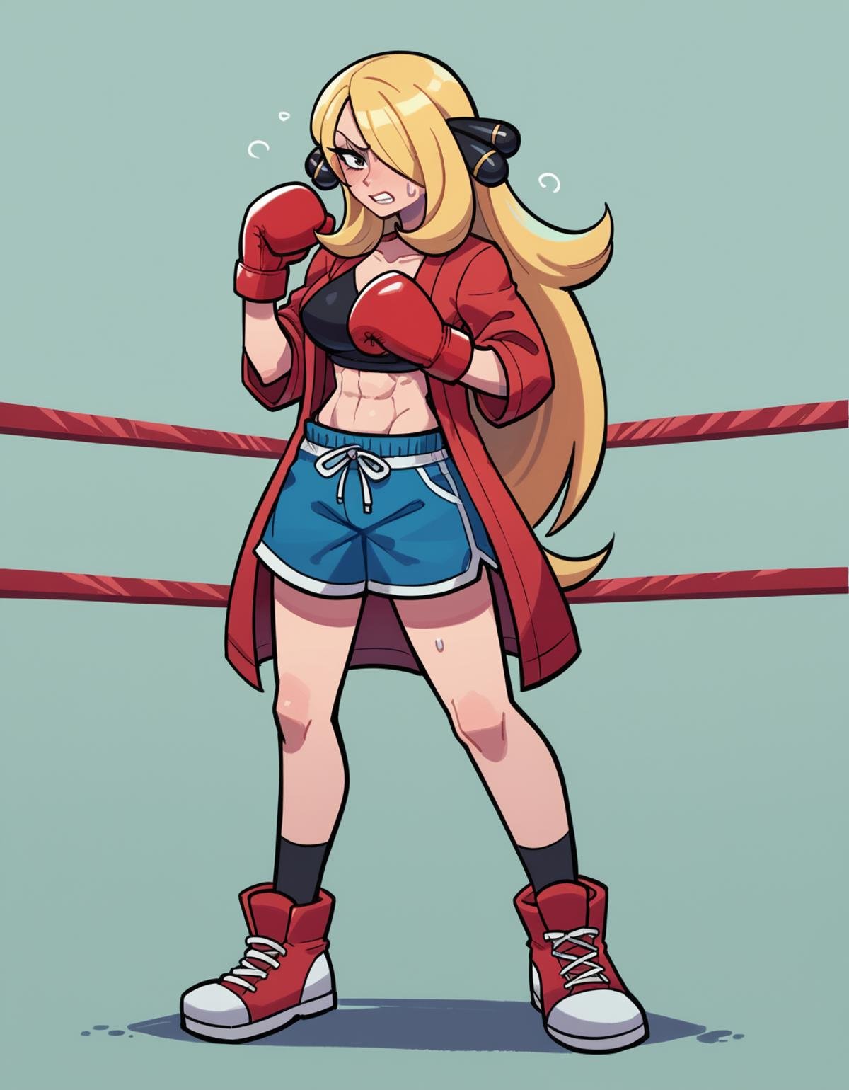 zPDXL, score_9, score_8_up, score_7_up, source_anime, 1girl, solo, absurdres, 4k, <lora:anapijama:0.8> anapijama, Pokemon, Cynthia, blonde hair, long hair, :D, piggyback, boxer wearing red boxing robe, athletic shorts, wrestling shoes, boxing gloves ,sweatband