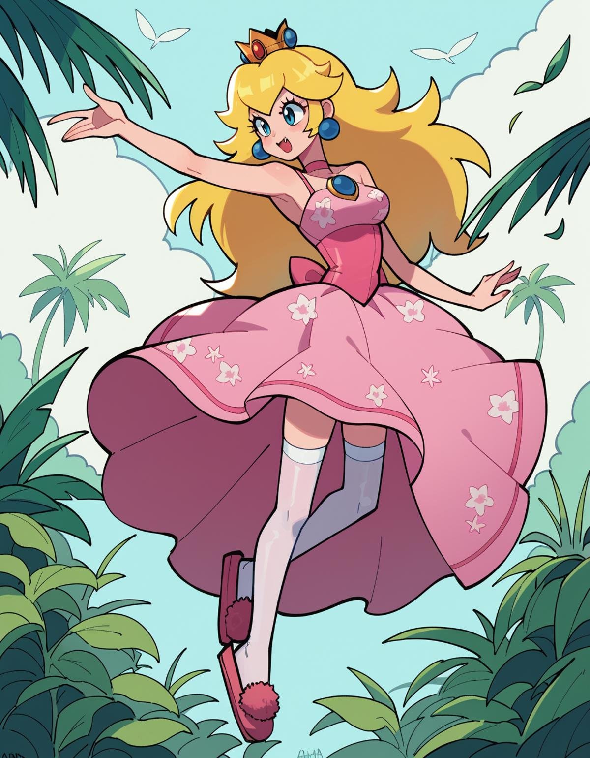 zPDXL, score_9, score_8_up, score_7_up, source_anime, 1girl, solo, absurdres, 4k, <lora:anapijama:0.8> anapijama, Princess Peach, blonde hair, long hair, skin fang, saboten_pose, ballerina wearing Tropical-inspired floral print leotard, flowing chiffon skirt, sheer stockings, ballet slippers