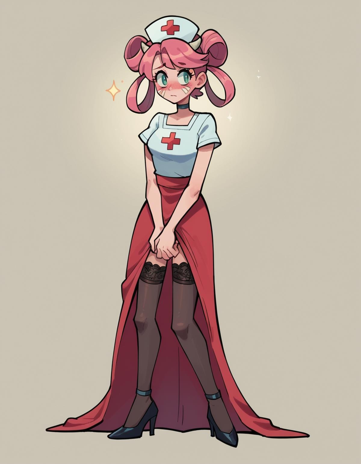 zPDXL, score_9, score_8_up, score_7_up, source_anime, 1girl, solo, absurdres, 4k, <lora:anapijama:0.8> anapijama, Pokemon, Nurse Joy, pink hair, hair rings,, shy, blush, arms at side, demon, (bone horns etched with tribal markings), wearing Sultry red velvet gown with thigh slit, lace stockings, stiletto heels