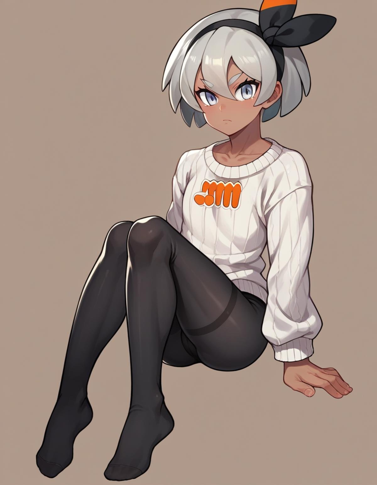 zPDXL, score_9, score_8_up, score_7_up, source_anime, 1girl, solo, <lora:Cotton_v2:0.8> cotton tights, black legwear, no shoes, Pokemon, Bea, dark-skinned female, silver hair, muscular, flat chest, sweater, 