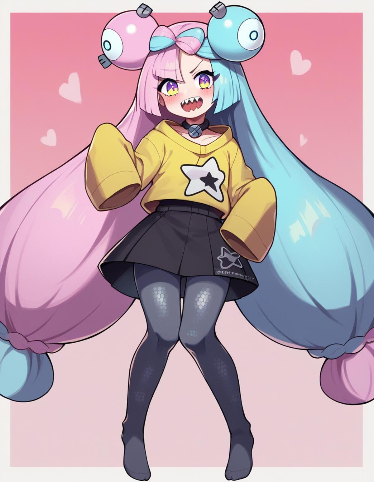 zPDXL, score_9, score_8_up, score_7_up, source_anime, 1girl, solo, <lora:Cotton_v2:0.8> cotton tights, black legwear, no shoes, Pokemon, Iono, long hair, blue hair, pink hair, two-tone hair, sharp teeth, sweater, 