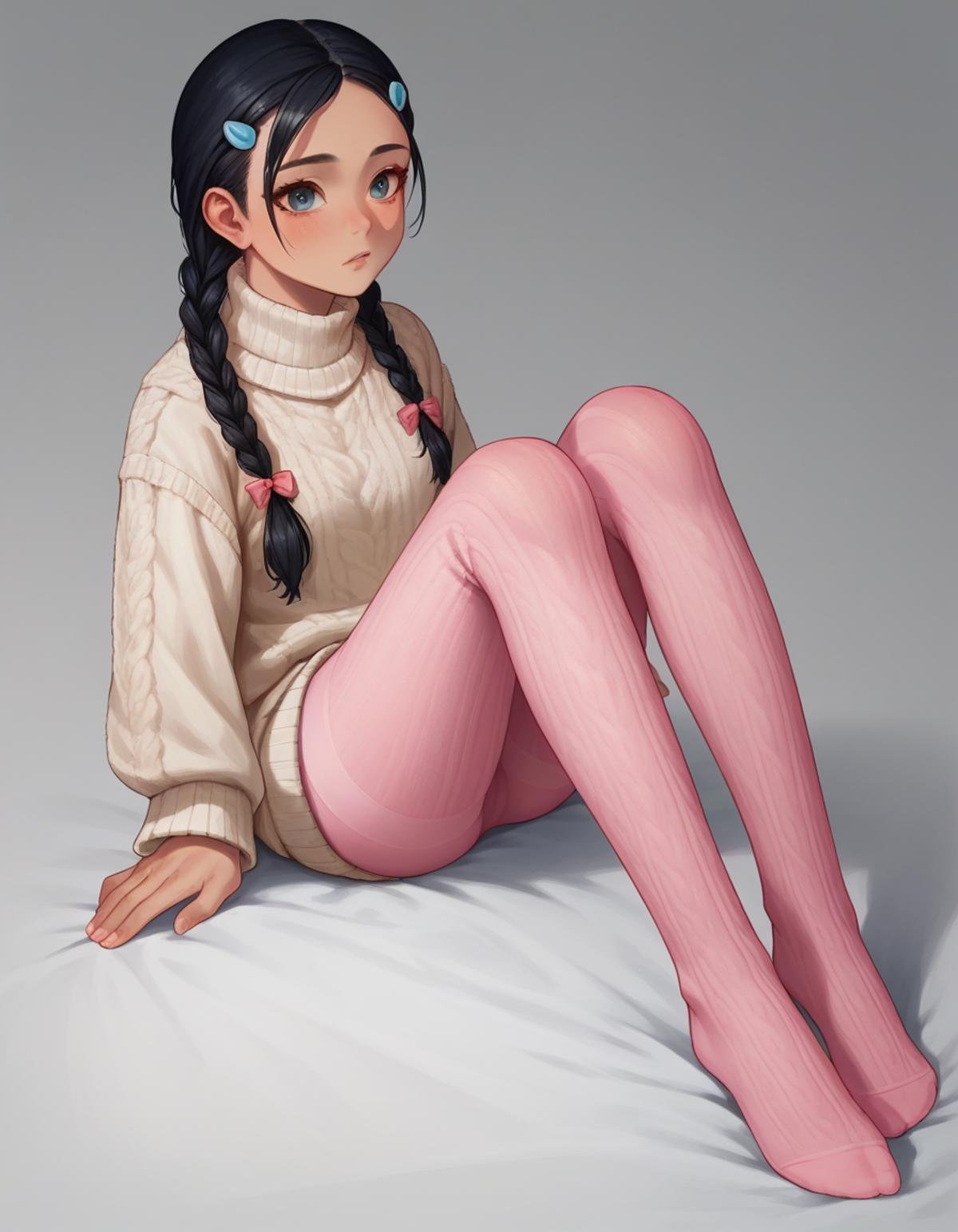 zPDXL, score_9, score_8_up, score_7_up, source_anime, 1girl, solo, <lora:Cotton_v2:0.8> knit tights, pink legwear, no shoes, Candice, twin braids, black hair, sweater, 