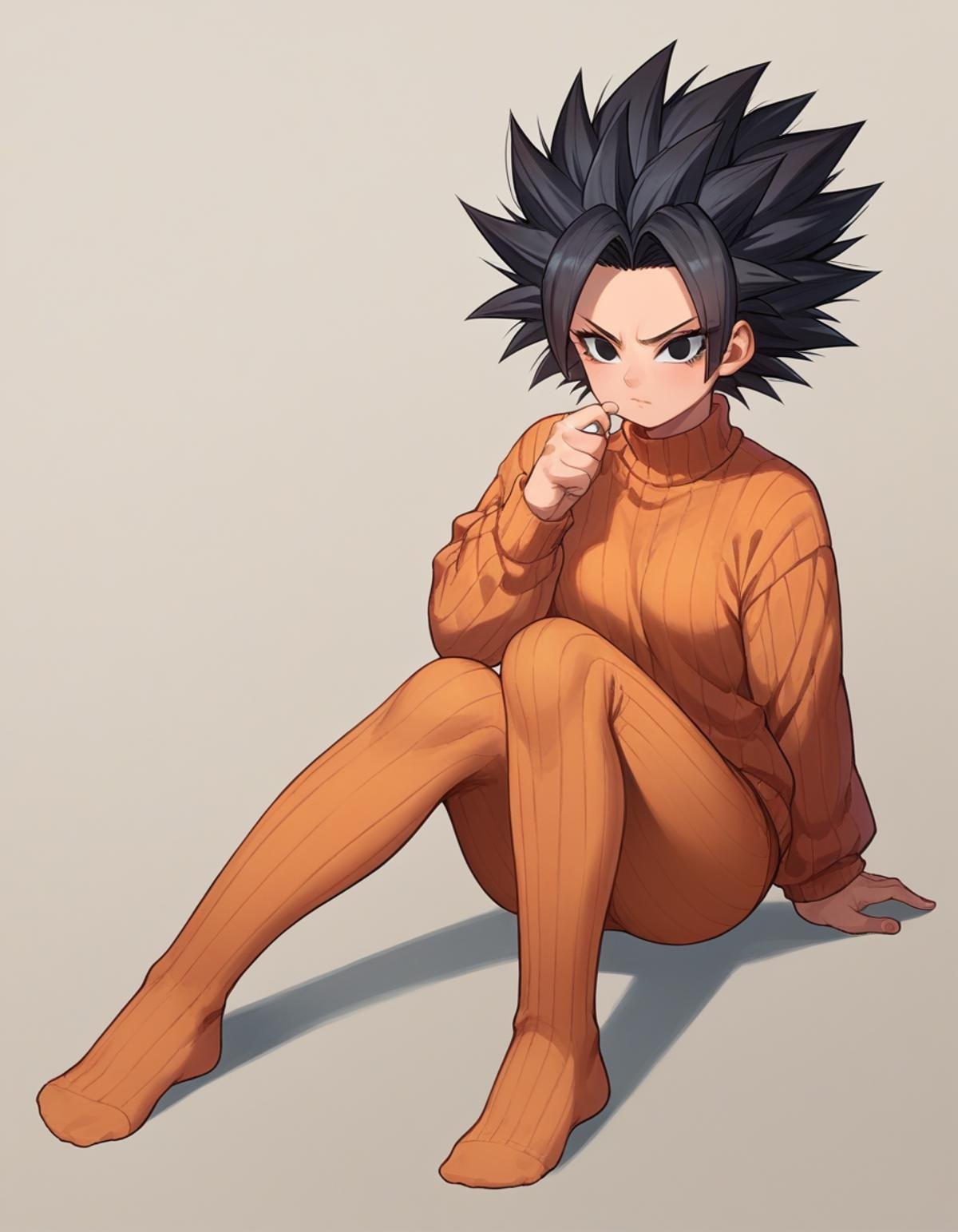 zPDXL, score_9, score_8_up, score_7_up, source_anime, 1girl, solo, <lora:Cotton_v2:0.8> ribbed tights, orange legwear, no shoes, caulifla, spiked hair black hair, black eyes , sweater, 