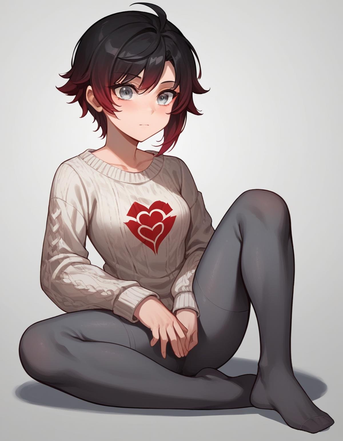 zPDXL, score_9, score_8_up, score_7_up, source_anime, 1girl, solo, <lora:Cotton_v2:0.8> cotton tights, grey legwear, no shoes, Ruby Rose \(Rwby\), black hair, red hair, gradient hair, silver eyes, short hair,, sweater, 