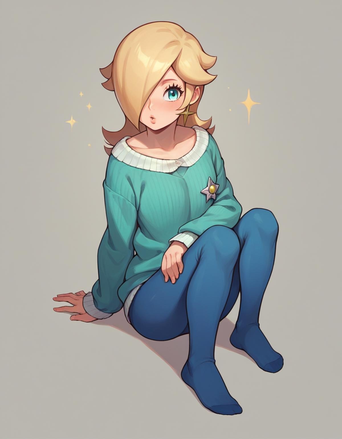 zPDXL, score_9, score_8_up, score_7_up, source_anime, 1girl, solo, <lora:Cotton_v2:0.8> ribbed tights, blue legwear, no shoes, Rosalina, medium hair, blonde hair, sweater, 