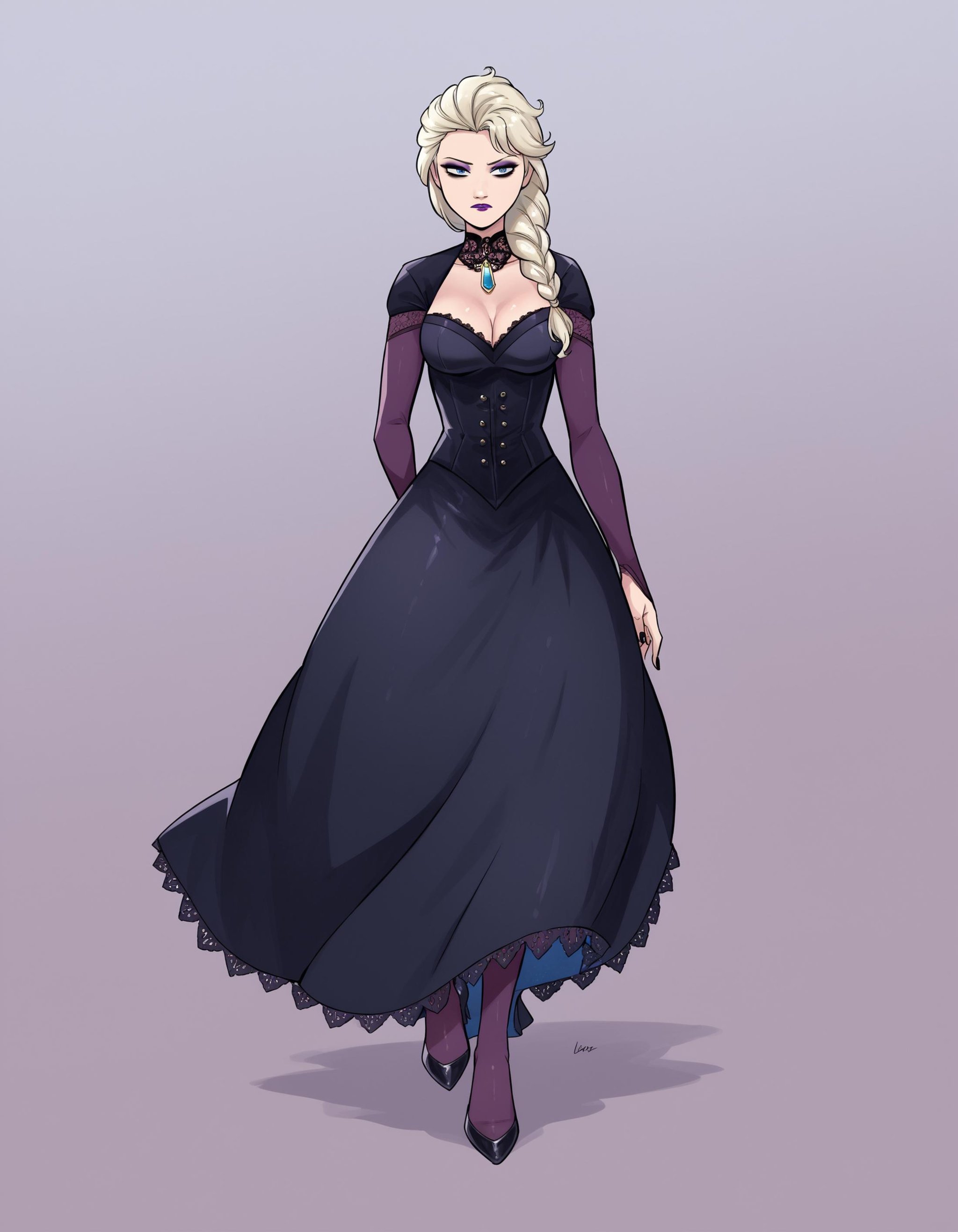 zPDXL, score_9, score_8_up, score_7_up, source_anime,1girl, solo, expressionless, (running) , gothic maiden wearing Victorian ghostly apparition attire with a tattered black gown, lace sleeves, ethereal stockings, ghostly heels, Deep purple lipstick, dramatic dark eyeshadow with purple accents, black eyeliner, pale skin, black nail polish, Elsa \(frozen\), platinum blonde hair, <lora:Lost1Zero_v2:1> l1z